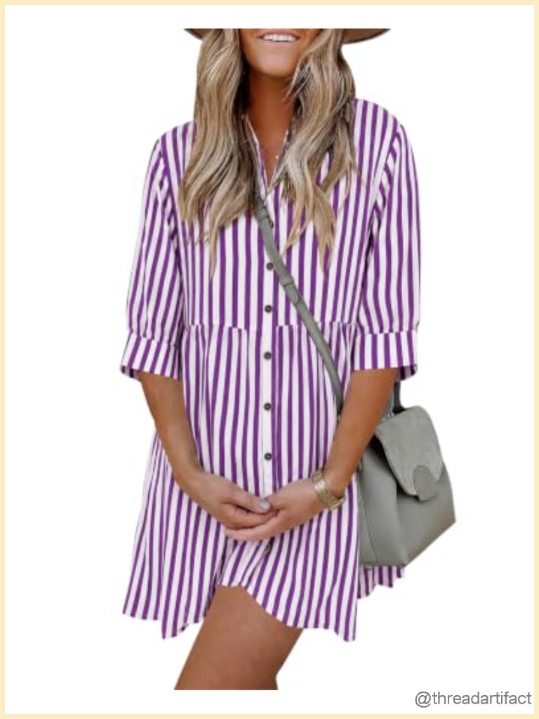 3/4 Sleeve Babydoll Button Down Shift Dress With Pockets